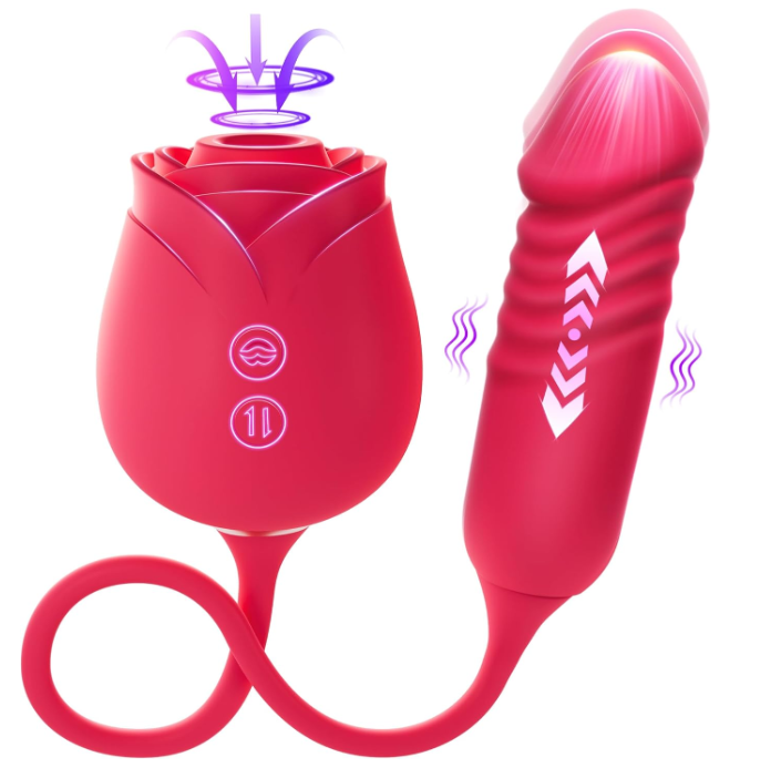 Rose-shaped tongue licking and sucking telescopic vibrator for women