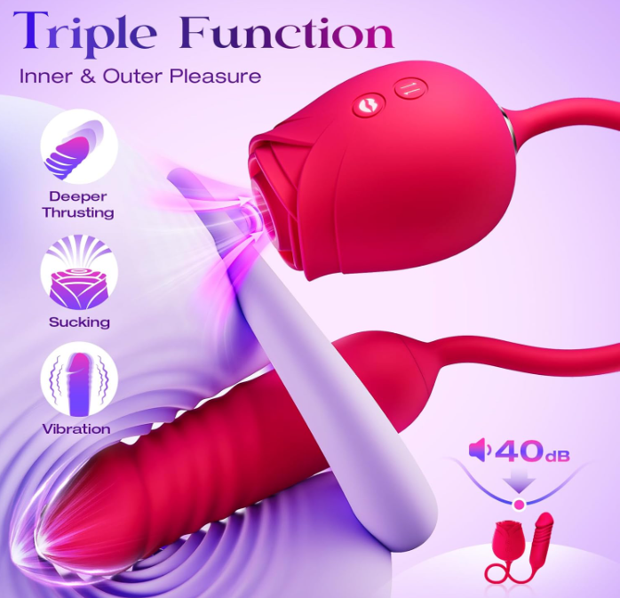 Rose-shaped tongue licking and sucking telescopic vibrator for women